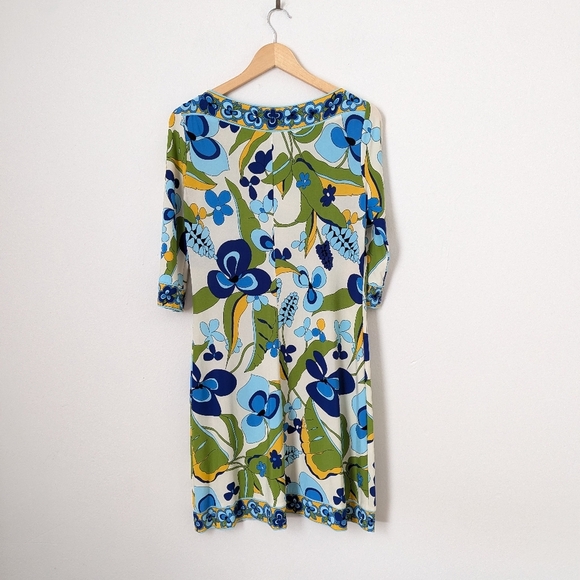 Vintage Blue Yellow Green Retro Floral Print Half Sleeve Boatneck Mini Dress - Picture 3 of 3